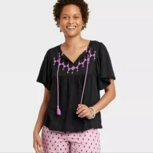 Knox Rose Boho Black Purple tassle Embroidered Blouse